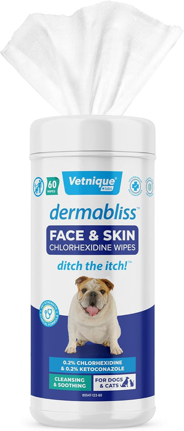 Vetnique Dermabliss Dog Face Wipes - Medicated Chlorhexidine Wipes For Dogs With Wrinkles, French Bulldog, English Bulldog Dog Grooming Wipes Cleaning & Deodorizing Dog Wipes 60Ct