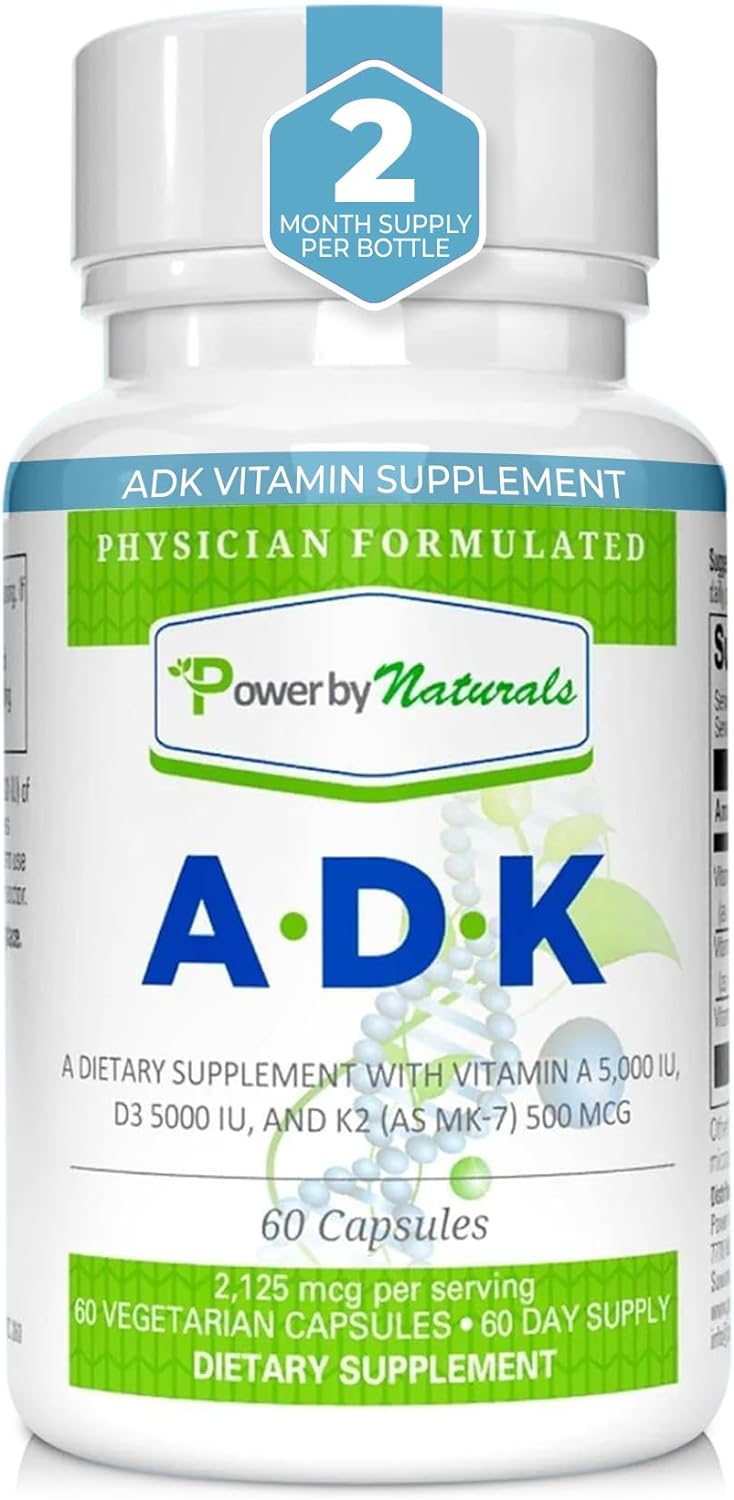 Power By Naturals ADK Vitamin Supplement: Vitamin A, Vitamin D3 5000 iu, and Vitamin K2 MK-7, Support Bone Health Vitamin ADK Supplement, Pure Vitamin D3 K2 MK7 & A, 60 Capsules (2 Month Supply)