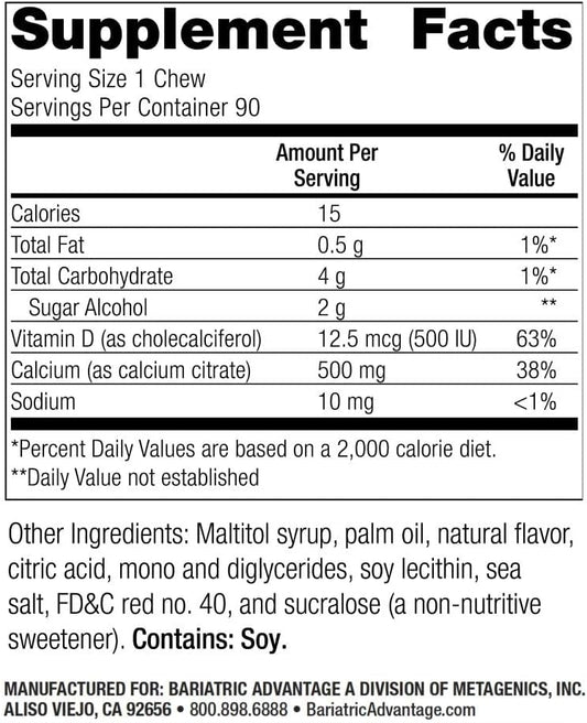 Bariatric Advantage Calcium Citrate Chewy Bites 500 Mg - For Bariatric Surgery Patients - Vitamin D3 - Sugar-Free Chewable Calcium Supplement - Bariatric Chews - Strawberry Flavor - 90 Count