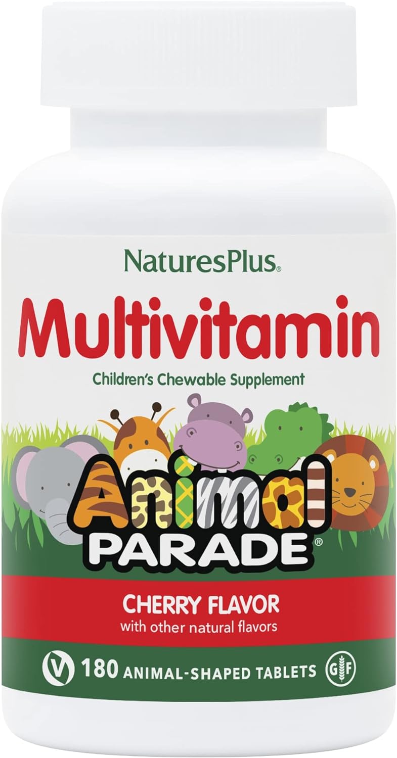 NaturesPlus Animal Parade Children's Chewable Multivitamin - Cherry Flavor - 180 Animal-Shaped Tablets - Promotes Health & Well-Being - Vegetarian, Gluten Free - 90 Servings