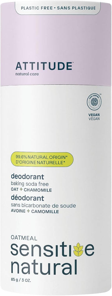 Attitude Baking Soda Free Deodorant For Sensitive Skin With Oatmeal, Ewg Verified, Aluminum Free, Plastic-Free, Unscented, 85 Grams