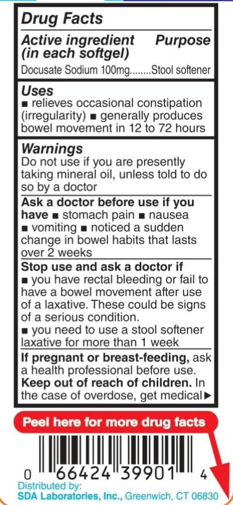Sda Laboratories Docusate Sodium 100 Mg Stool Softener, Fast-Acting Relief From Occasional Constipation For Easier Bowel Movements, 100 Softgels (1 Bottle)