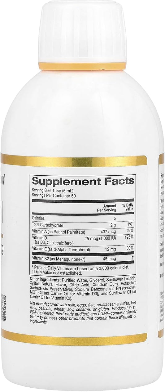California Gold Nutrition Liposomal Vitamin A, D3, E & K2, Pineapple, 8.5 Fl Oz (250 Ml)