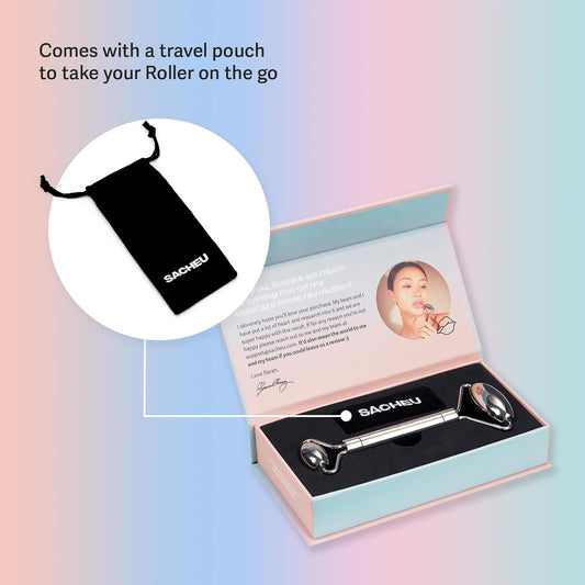 Sacheu Stainless Steel Face Roller Skin Care And Lymphatic Drainage. Cooling Metal Roller For Puffiness, Wrinkles, And Face Lifting. Dual-Sided Facial And Eye Massager, Includes Travel Pouch