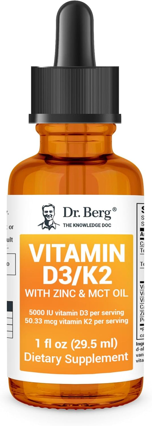 Dr. Berg Liquid Vitamin D3 & K2 Supplement - For Bone, Teeth, Mood & Immune Health - Vitamin D3 & K2 Drops For Adults - 1 Fl Oz