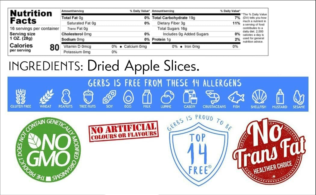 GERBS Dried Apple Slices 1 LB. | Freshly Dehydrated Recloseable Bag | Top 14 Food Allergy Free | Sulfur Dioxide Free | Digestive Health | Gluten & Peanut Free : Grocery & Gourmet Food