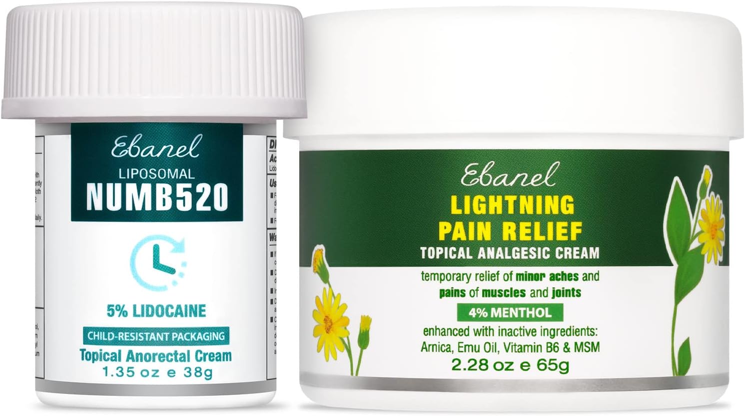 Ebanel Bundle – Lidocaine Numbing Cream & Pain Relief Cream with Arnica and Menthol, 2.28 oz Each