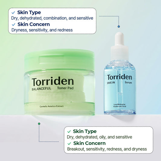 Torriden Dive In Serum 1.69 Fl.Oz. + Balanceful Toner Pad (60 Pads) | Daily Exfoliating Pads With Pha And Lha | Deep Hydrating Serum With 5D Low Molecular Hyaluronic Acid | Korean Skin Care