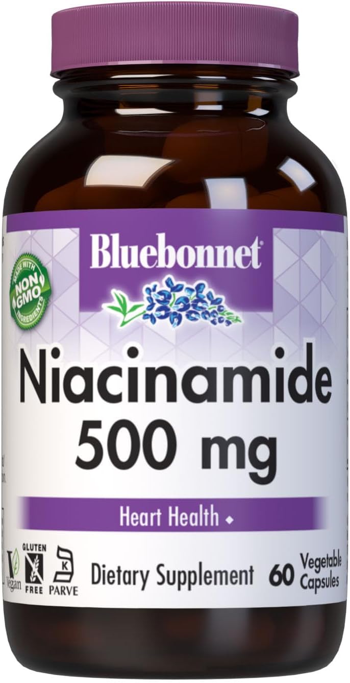 Bluebonnet Nutrition Niacinamide 500Mg, Supports Cardiovascular Health*, Soy-Free, Gluten-Free, Non-Gmo, Kosher Certified, Dairy-Free, Vegan, 60 Vegetable Capsule, 60 Servings