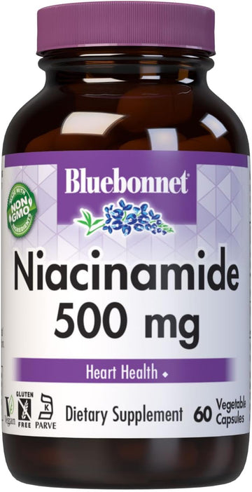 Bluebonnet Nutrition Niacinamide 500Mg, Supports Cardiovascular Health*, Soy-Free, Gluten-Free, Non-Gmo, Kosher Certified, Dairy-Free, Vegan, 60 Vegetable Capsule, 60 Servings