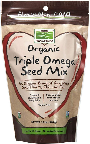 NOW Foods, Organic Triple Omega Seed Mix, Raw Hemp Seed Hearts, Chia and Flax, Omega-3 and 6 Fatty Acids, Source of Fiber, Protein and Iron, Gluten-Free, 12-Ounce (Packaging May Vary)