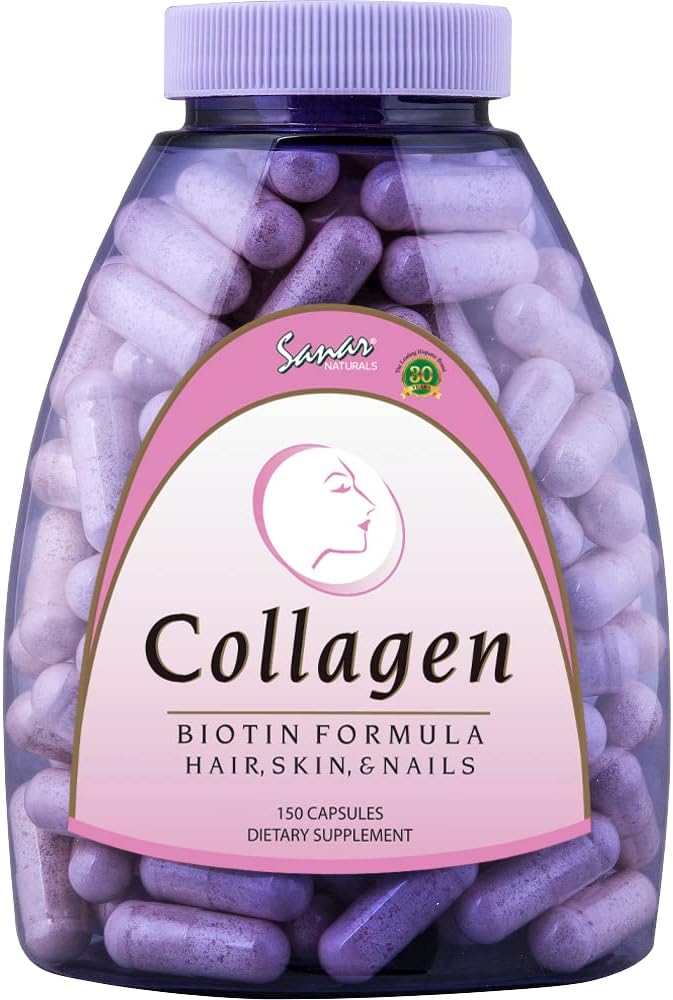 Sanar Naturals Biotin Collagen Pills With Vitamin C - Hair Growth, Skin And Nails Vitamins - Hydrolyzed Collagen Peptides For Women & Men, Biotin Supplement, 150 Capsules