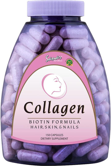 Sanar Naturals Biotin Collagen Pills With Vitamin C - Hair Growth, Skin And Nails Vitamins - Hydrolyzed Collagen Peptides For Women & Men, Biotin Supplement, 150 Capsules