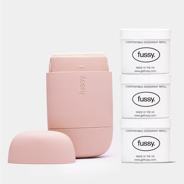 Fussy - Natural Refillable Deodorant - Aluminium Free - 24 Hour Protection - Floral Scent (3 X 40G) & Blush Pink Case - Cedar, Cinnamon And Patchouli - Vegan & Cruelty Free - 100% Natural & Effective