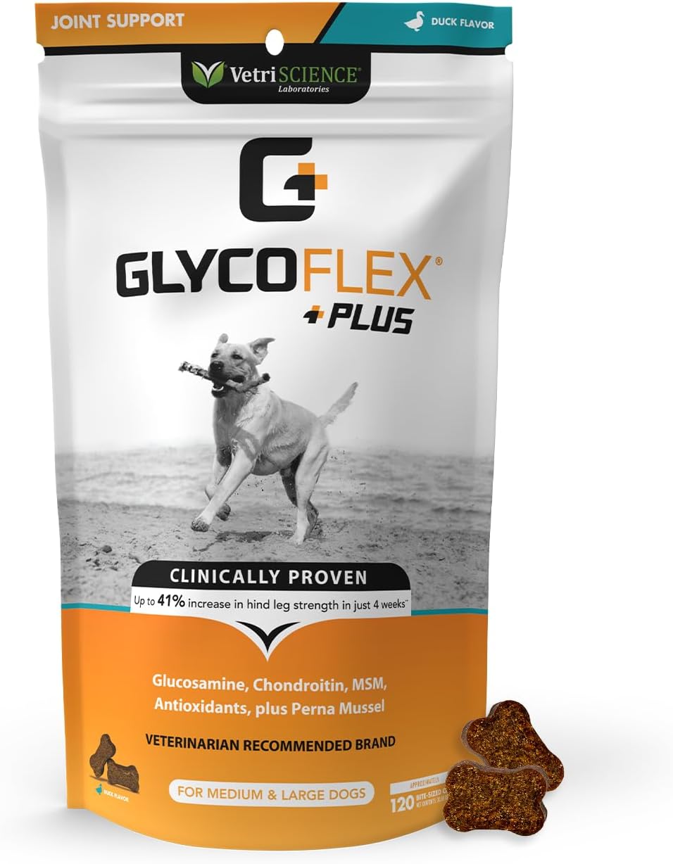 VetriScience Glycoflex Plus, Clinically Proven Hip and Joint Supplement for Dogs - Advanced Dog Supplement with Glucosamine, Chondroitin, MSM, Green Lipped Mussel & DMG - 120 Chews, Duck Flavor?