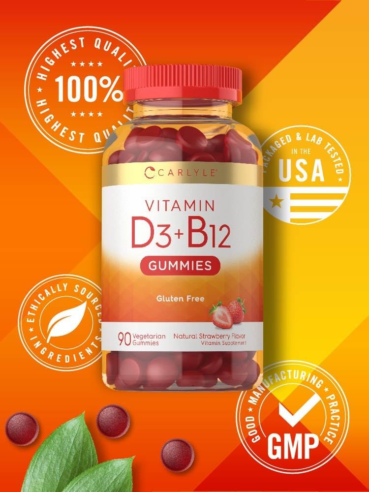 Carlyle Vitamin D3 + B12 Complex Gummies | 90 Count | Vegetarian, Non-GMO, and Gluten Free Formula | Strawberry Flavor Supplement : Health & Household