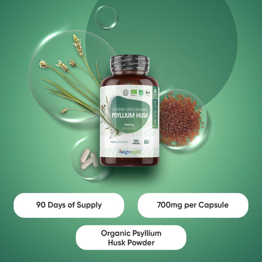 Weightworld Organic Psyllium Husks Capsules - 1400Mg Per Serving - Prebiotic Fibre Supplement - 180 Powder Capsules - 3 Months Supply - High In Soluble Fibre - 2 Per Day With Water