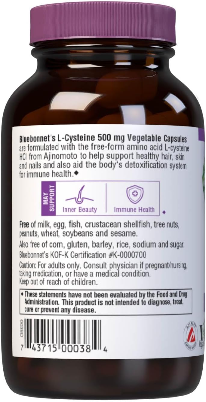 Bluebonnet Nutrition L-Cysteine 500Mg, Free-Form Amino Acid, Promotes Healthy Skin, Hair And Nails, Soy-Free, Gluten-Free, Non-Gmo, Kosher Certified, Vegan, White, 60 Vegetable Capsules : Health & Household