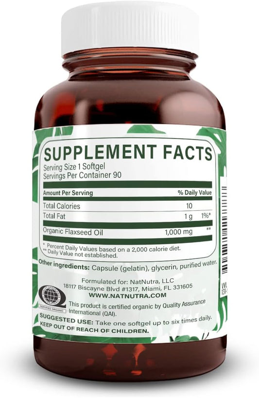 Natural Nutra Organic Flaxseed Oil Softgels, Omega 3 6 9, Hair Growth, Immune System, Cardiovascular Health Supplement, 1000 Mg, 90 Capsules