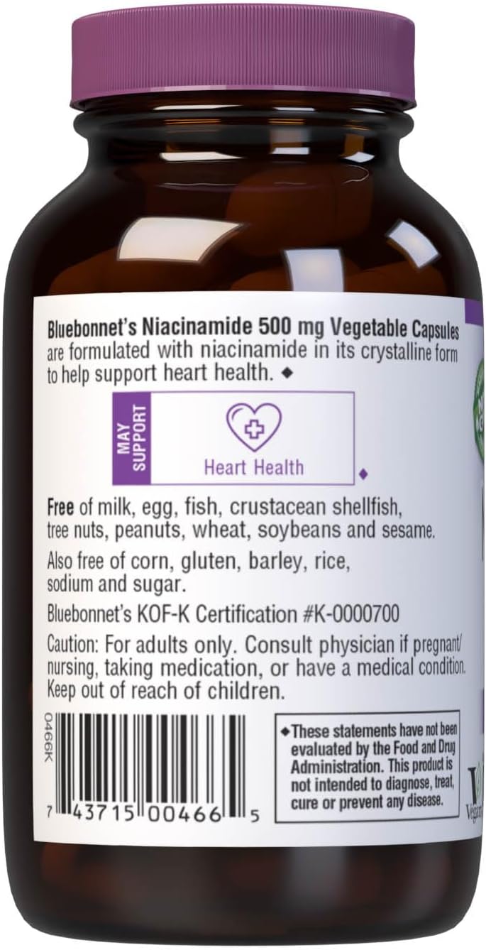 Bluebonnet Nutrition Niacinamide 500Mg, Supports Cardiovascular Health*, Soy-Free, Gluten-Free, Non-Gmo, Kosher Certified, Dairy-Free, Vegan, 60 Vegetable Capsule, 60 Servings