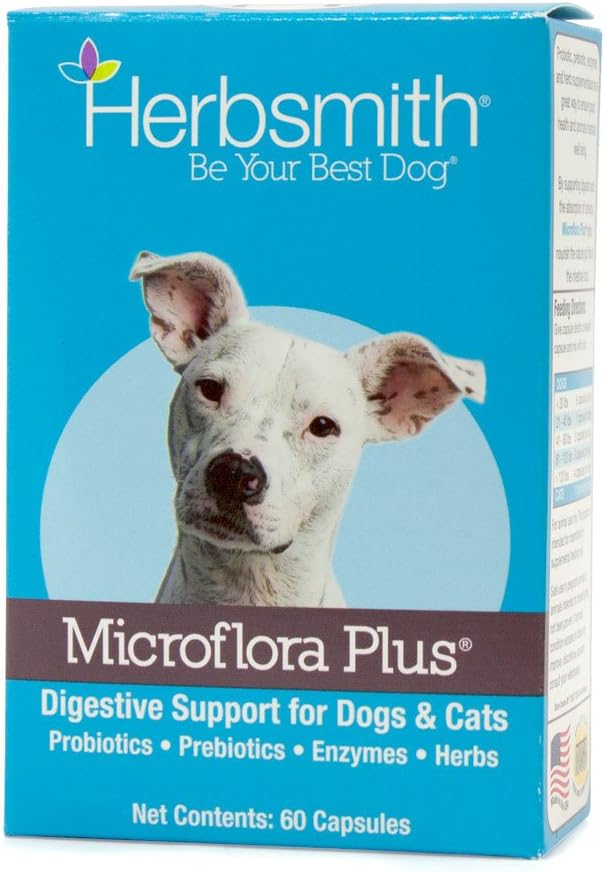 Herbsmith Microflora Plus – Dog Digestion Aid –Probiotics and Digestive Enzymes for Dogs – Prebiotic for Dogs – 60 Capsules
