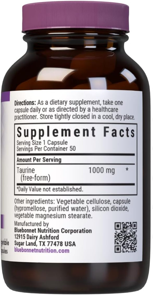 Bluebonnet Nutrition Taurine 1000Mg, Free-Form Amino Acid, For Nervous System Health, Soy-Free, Gluten-Free, Non-Gmo, Kosher Certified, Vegan, White, 50 Vegetable Capsules, 50 Servings