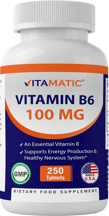 Vitamatic Vitamin B6 (Pyridoxine HCI), 100mg 250 Vegetarian Tablets - Promotes Energy Production, boosts Metabolism and Immune Health Support