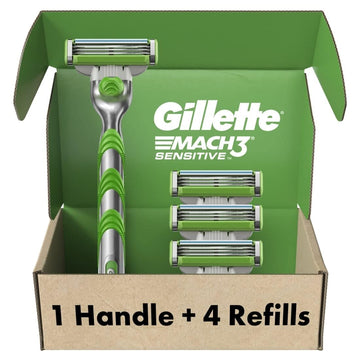 Gillette Mach3 Sensitive Razors For Men, 1 Razor, 5 Razor Blade Refills, Designed For Sensitive Skin