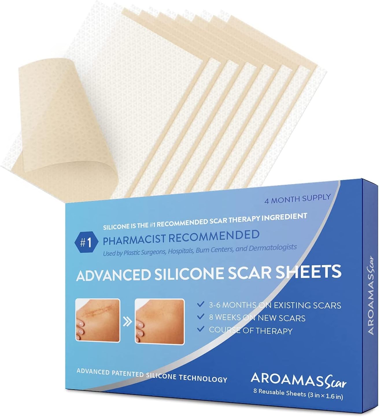 Aroamas Scar Silicone Scar Tape– Softens & Flattens Scars From Surgery, Injury, Burns, C-Section, Scratch Marks – Reusable Medical-Grade Silicone Scar Sheets For All Skin Types [3"X1.57", 8 Sheets]