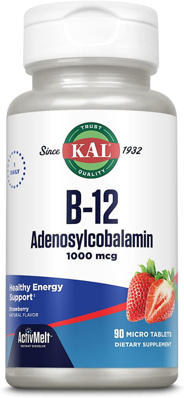 Kal Vitamin B12 1000 Mcg Adenosylcobalamin Activmelt, B12 Energy Supplements, Metabolism, Nerve And Red Blood Cell Support, High Absorption, Vegetarian, Natural Strawberry, 90 Serv, 90 Micro Tablets