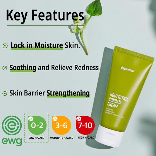 Daymellow Houttuynia Cordata Real Soothing Cream 2.82Fl.Oz/80Ml, Face Moisturizer, Heartleaf, Centella, Panthenol, Skin Barrier Repair, Acne, Soothes Redness Facial Cream Korean Skincare