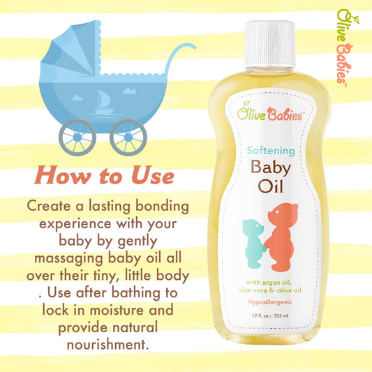 Baby Oil Multi Purpose with Argan Oil, Aloe Vera & Olive Oil 12 oz - Softening Hypoallergenic Solution for All Skin Types - Good on Men, Women & Kids