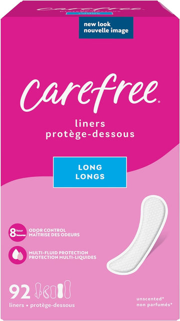 Carefree Panty Liners, Long Liners, Unwrapped, Unscented, 92ct (Packaging May Vary)