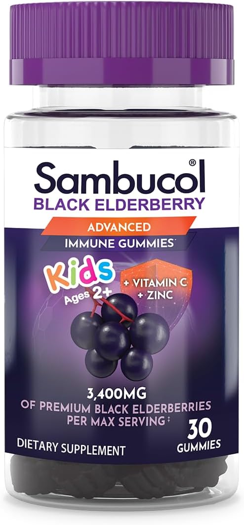 Sambucol Black Elderberry Gummies For Kids - Kids Elderberry Gummies, Added Vitamin C & Zinc, Black Elderberry Gummies Kids, Toddler Elderberry Gummies, Delicious Berry Taste - 30 Count