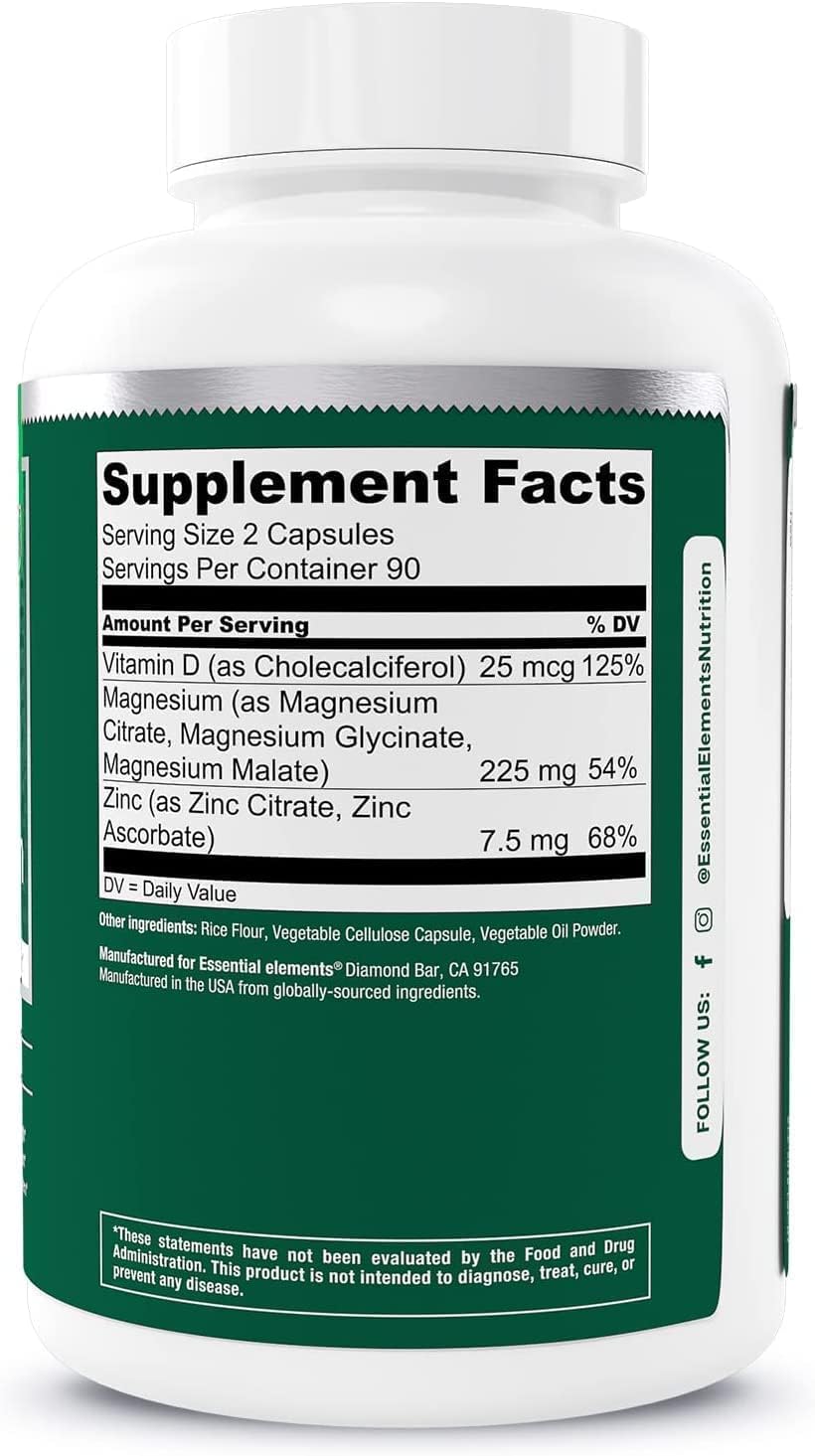 Essential Elements Magnesium & Zinc with Vitamin D3 for Sleep Immune & Bone Support - Magnesium Glycinate, Malate, Citrate 200mg - Triple Magnesium Supplement for Women and Men - 9 Month Supply : Health & Household