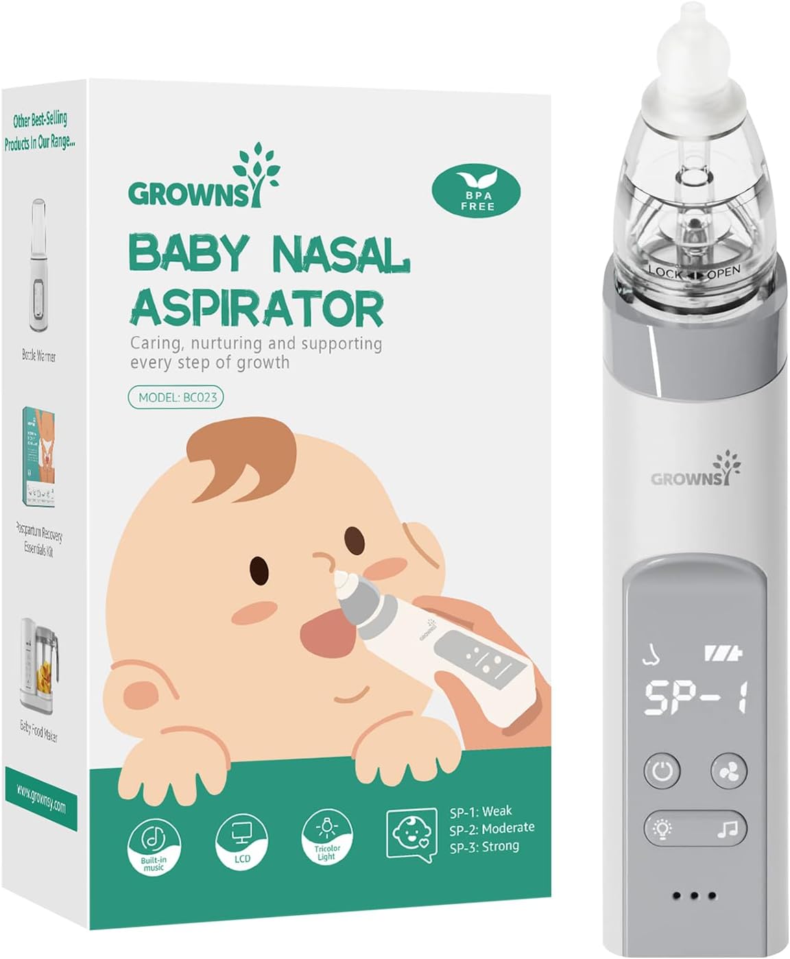 GROWNSY Nasal Aspirator for Baby, Electric Nose Aspirator for Toddler, Baby Nose Sucker, Automatic Nose Cleaner with 3 Silicone Tips, Adjustable Suction Level, Music and Light Soothing Function