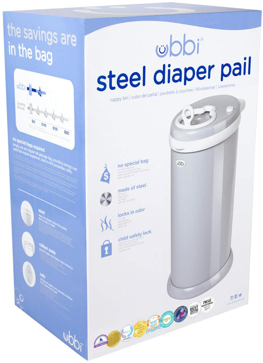 Ubbi Steel Diaper Pail, Odor Locking, No Special Bag Required, Award-Winning, Registry Must-Have, Gray