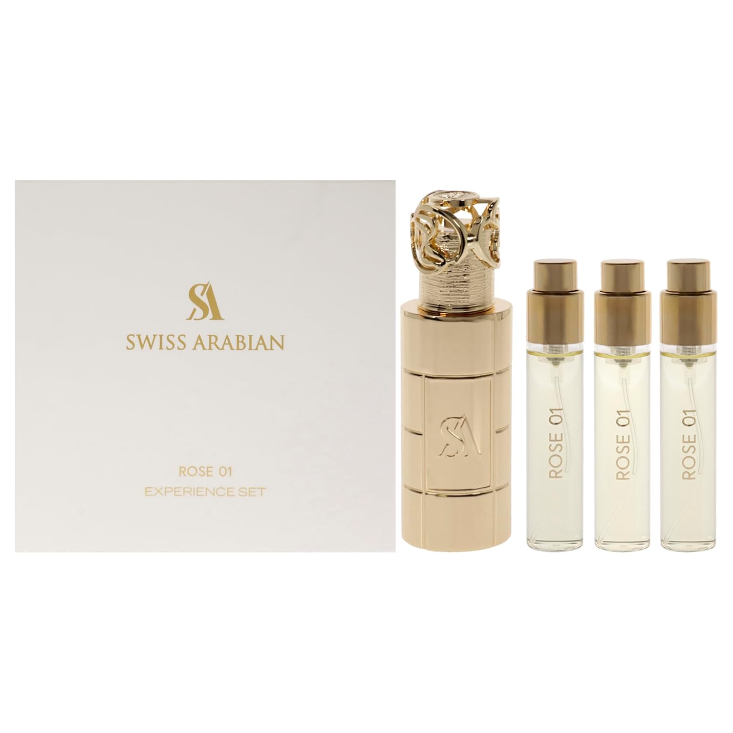 Swiss Arabian Rose 01 Giftset - Arabian Perfumes For Women And Men - Long Lasting Perfume - Floral, Rose, Vanilla Perfume - 3 Bottles With Case - 4 Pc