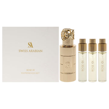 Swiss Arabian Rose 01 Giftset - Arabian Perfumes For Women And Men - Long Lasting Perfume - Floral, Rose, Vanilla Perfume - 3 Bottles With Case - 4 Pc