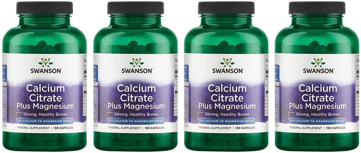 Swanson Calcium Citrate Plus Magnesium - Mineral Supplement Promoting Strong Bones, Energy Production, & Muscle Relaxation - May Support Cardiovascular Health - (150 Capsules) (4 Pack)