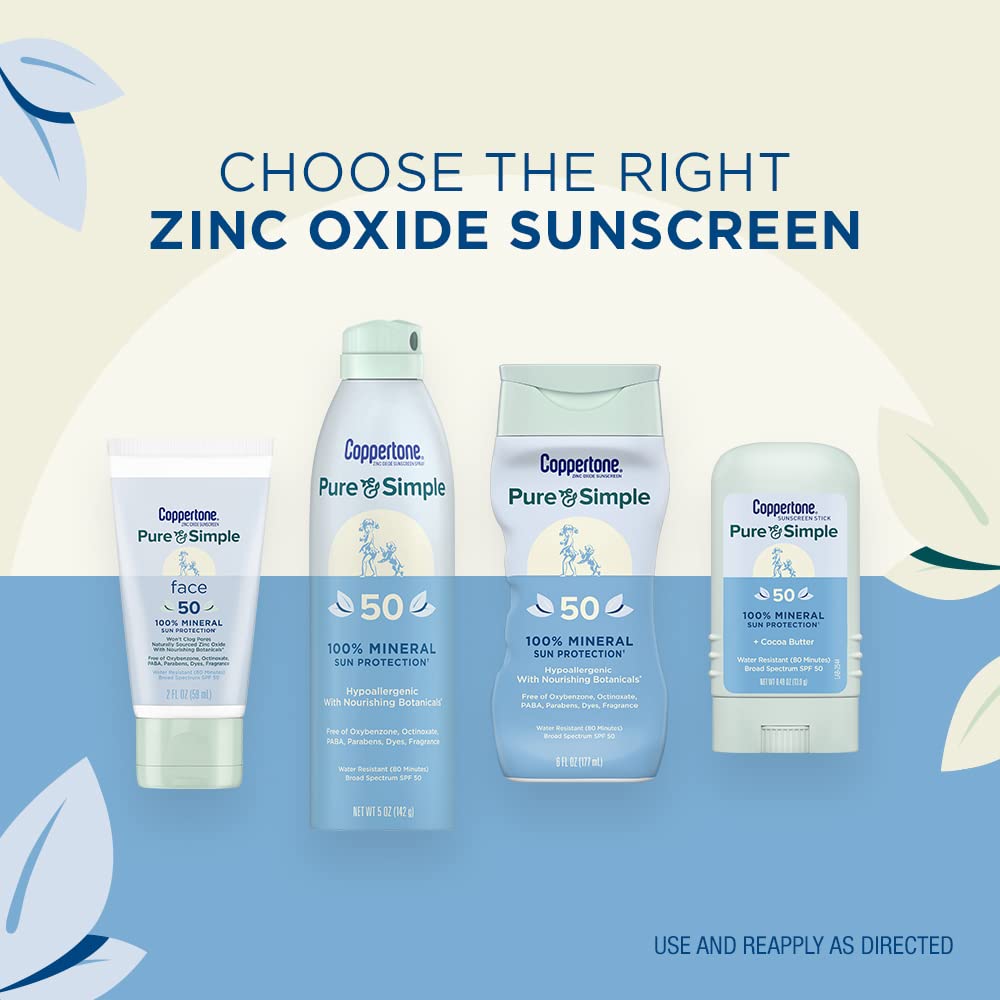 Coppertone Pure and Simple Zinc Oxide Mineral Sunscreen Spray + Stick Sunscreen SPF 50 Bundle, Broad Spectrum SPF 50 Sunscreen Pack (5 Oz Spray + 0.49 Oz Stick),2 Count(Pack of 1) : Beauty & Personal Care