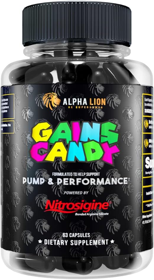 Alpha Lion Gains Candy, Supplement Pills For Muscle Pump & Blood Flow, Nitric Oxide Booster, Supports Mental Focus, Use Daily To Upgrade Workout Performance, 63 Capsules (Nitrosigine)