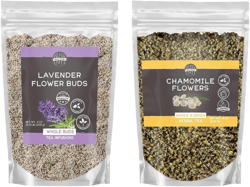 Birch & Meadow Dried Chamomile & Lavender Flower Bundle, 8 Ounces Each, Whole And Dried, Warm Teas, Cooking & Baking