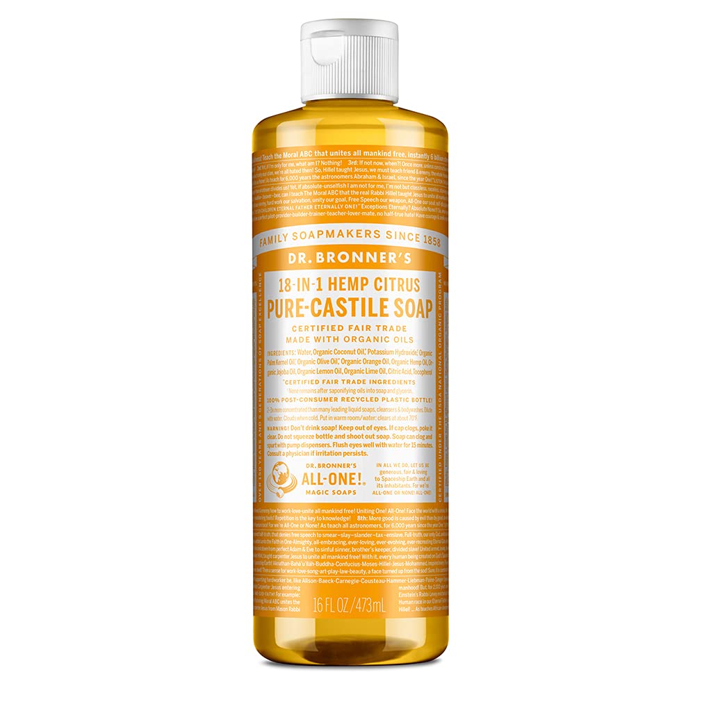 Dr. Bronner's - Pure-Castile Liquid Soap (Citrus, 16 ounce) - Made with Organic Oils, 18-in-1 Uses: Face, Body, Hair, Laundry, Pets and Dishes, Concentrated, Vegan, Non-GMO