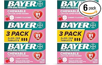 Bayer Aspirin Low Dose 81 Mg Chewable Tablets, Pain Reliever, Cherry Flavored, 216 Tablets (6 Pack)