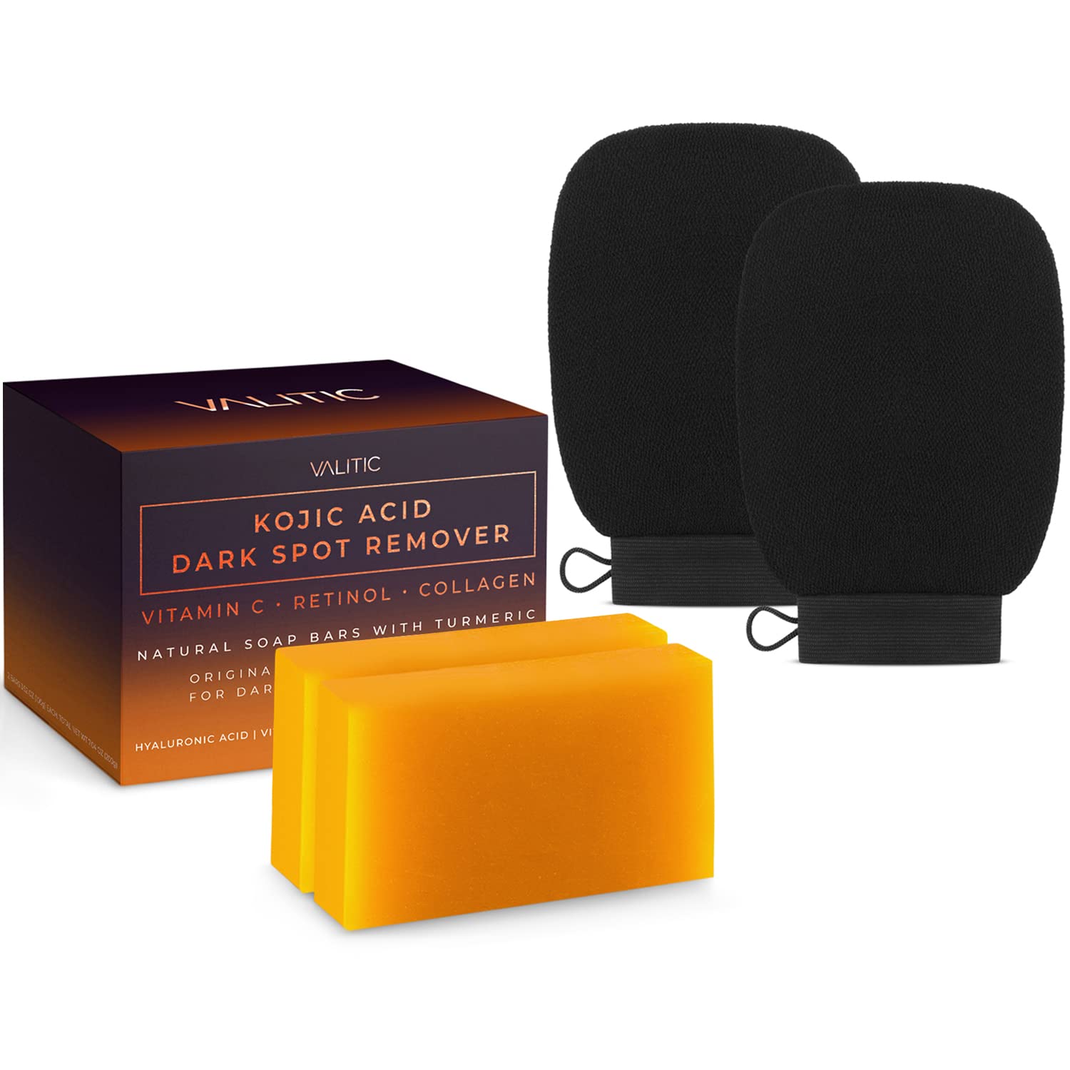 Valitic 2 Pack Kojic Acid Dark Spot Corrector Soap Bars With Vitamin C, Retinol, Collagen, Turmeric - Original Japanese Complex With Hyaluronic Acid & A Pair Of Black Exfoliating Gloves For Body Scrub