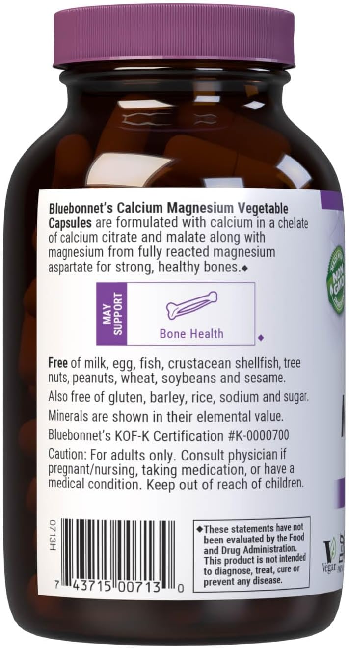 Bluebonnet Nutrition Calcium & Magnesium, Bone Health*, Non-Gmo, Vegan, Kosher Certified, Gluten-Free, Soy-Free, 90 Vegetable Capsules, 30 Servings
