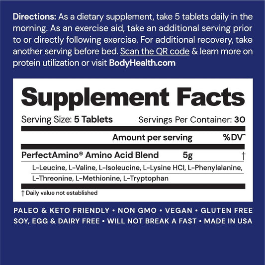 Bodyhealth Perfectamino Tablets (150Ct Plus 30Ct Travel Bottle), Essential Amino Acid With Bcaas + Lysine, Phenylalanine, Threonine, Methionine, Tryptophan, Supplement For Recovery & Strength