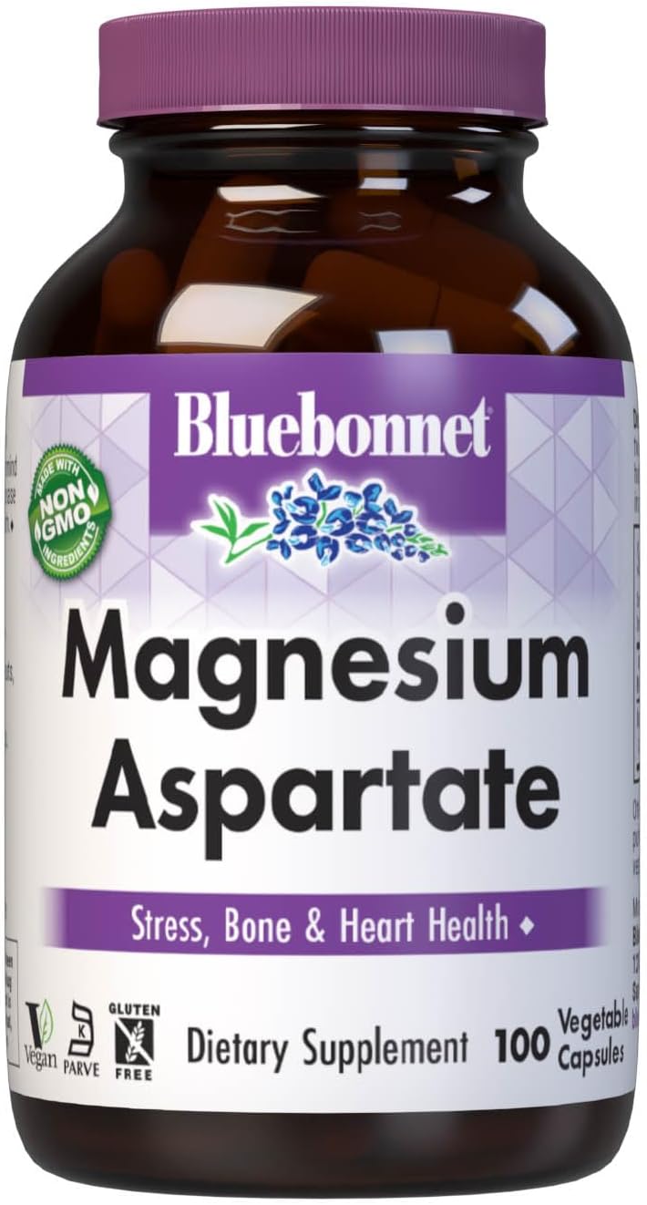 Bluebonnet Nutrition Magnesium Aspartate, Stress Relief*, Bone Health*, Heart Health*, Non-Gmo, Vegan, Kosher Certified, Gluten-Free, Soy-Free, Dairy-Free, 100 Vegetable Capsules, 50 Servings