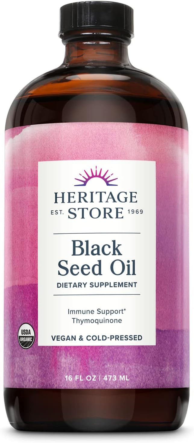 HERITAGE STORE Black Seed Oil, Organic, Cold Pressed, Nigella Sativa Supplement with Thymoquinone, Omega 3 6 9, Antioxidant, Immune and Joint Support, Vegan, 16oz